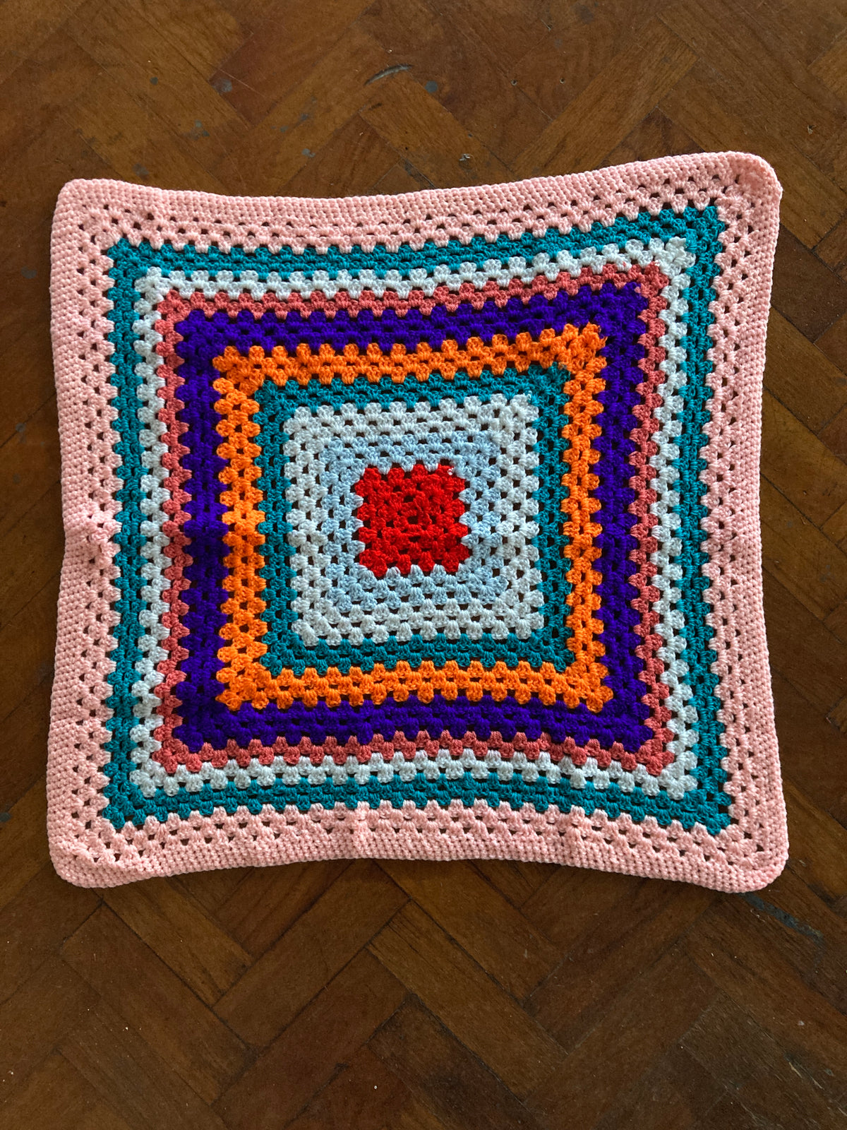 Vintage Handmade Granny Square Crochet Blanket Throw Pink Teal Orange Purple