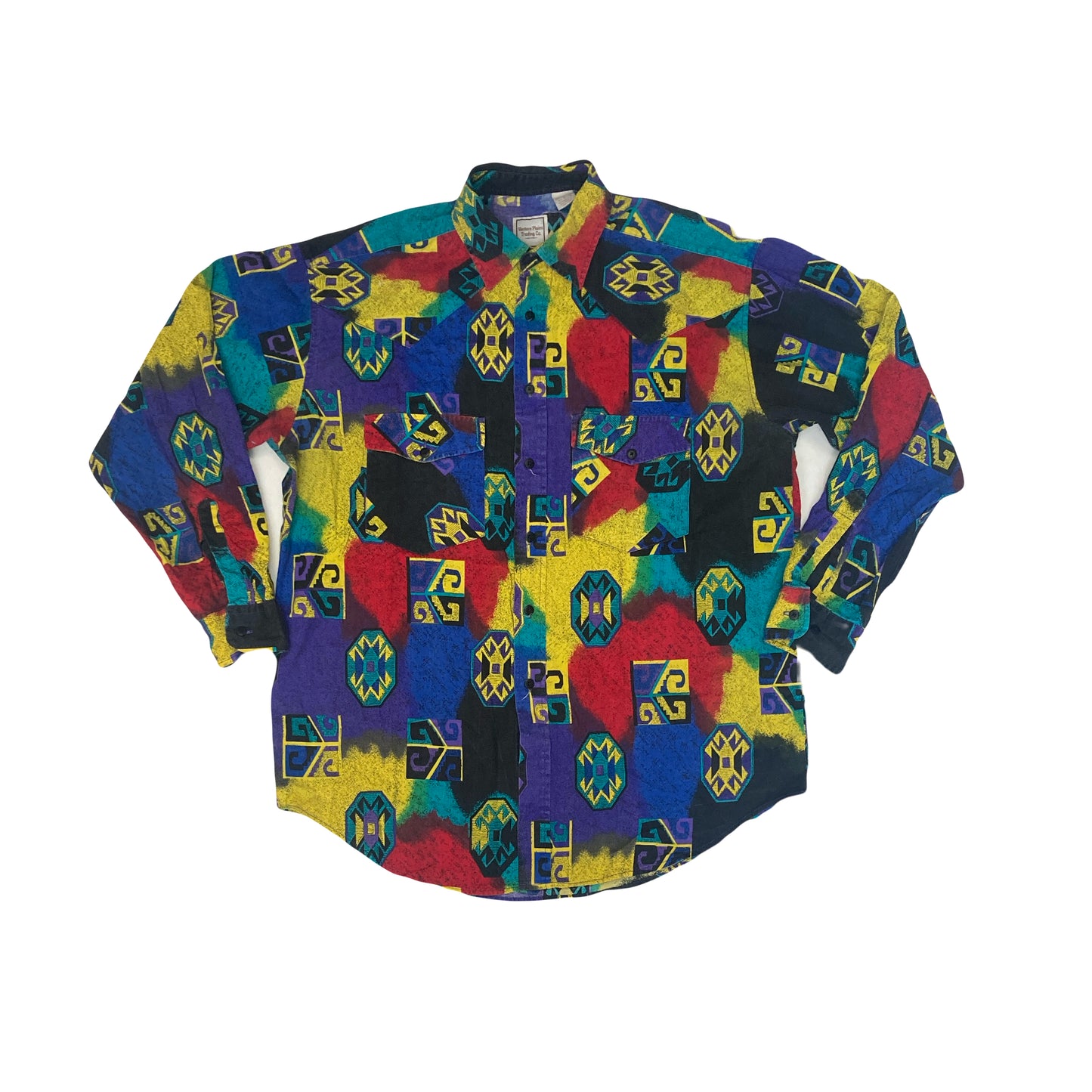 Vintage 90s blue red yellow abstract pattern western cowboy crazy shirt size L