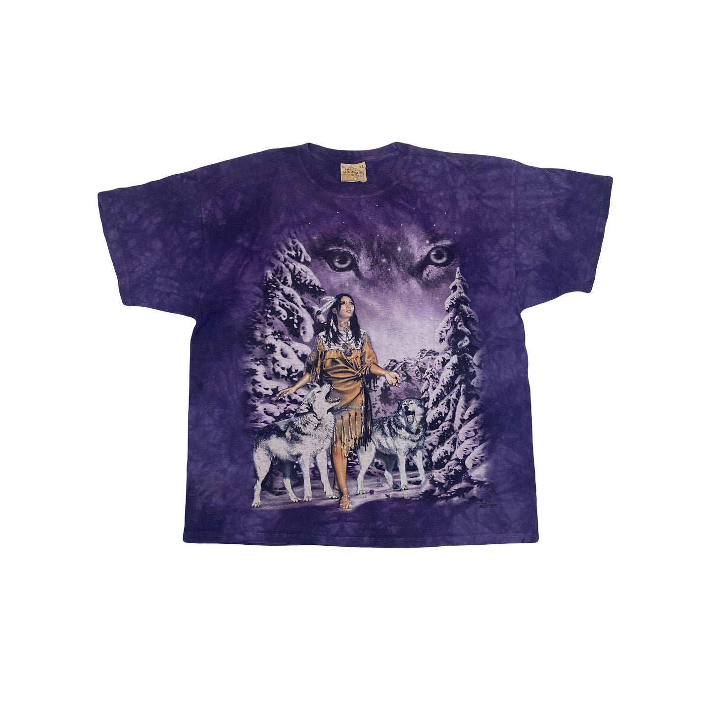 Vintage 90s The Mountain USA purple tie dye Native American Mystic Snow Wolf & Woman T-shirt size XL