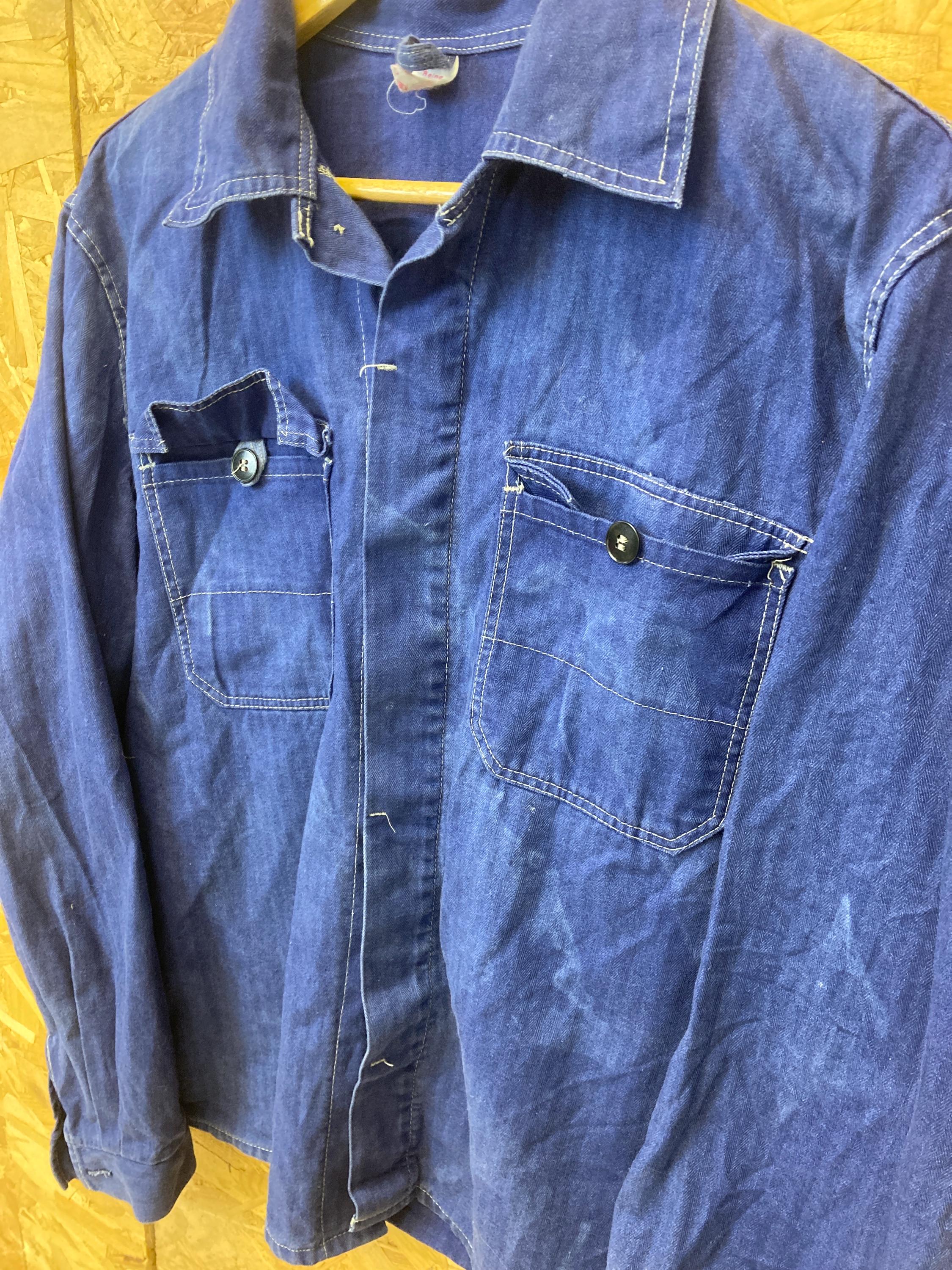 Vintage 70s mens french worker prisoner chore blue distressed cotton herringbone sanforized button u