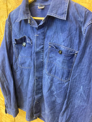 Vintage 70s mens french worker prisoner chore blue distressed cotton herringbone sanforized button u