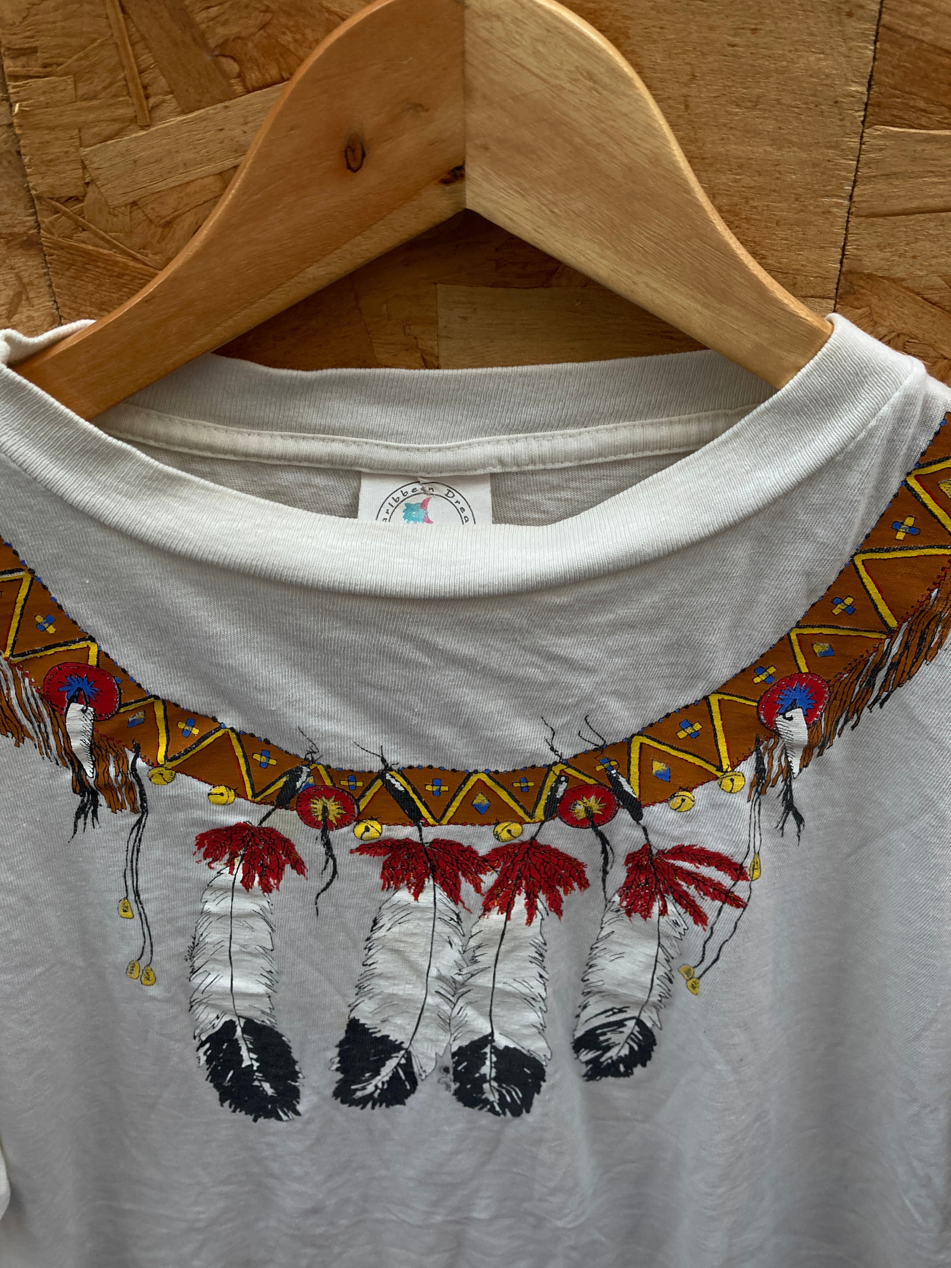 Vintage 90s Native American feather garland single stitch white t-shirt size XL