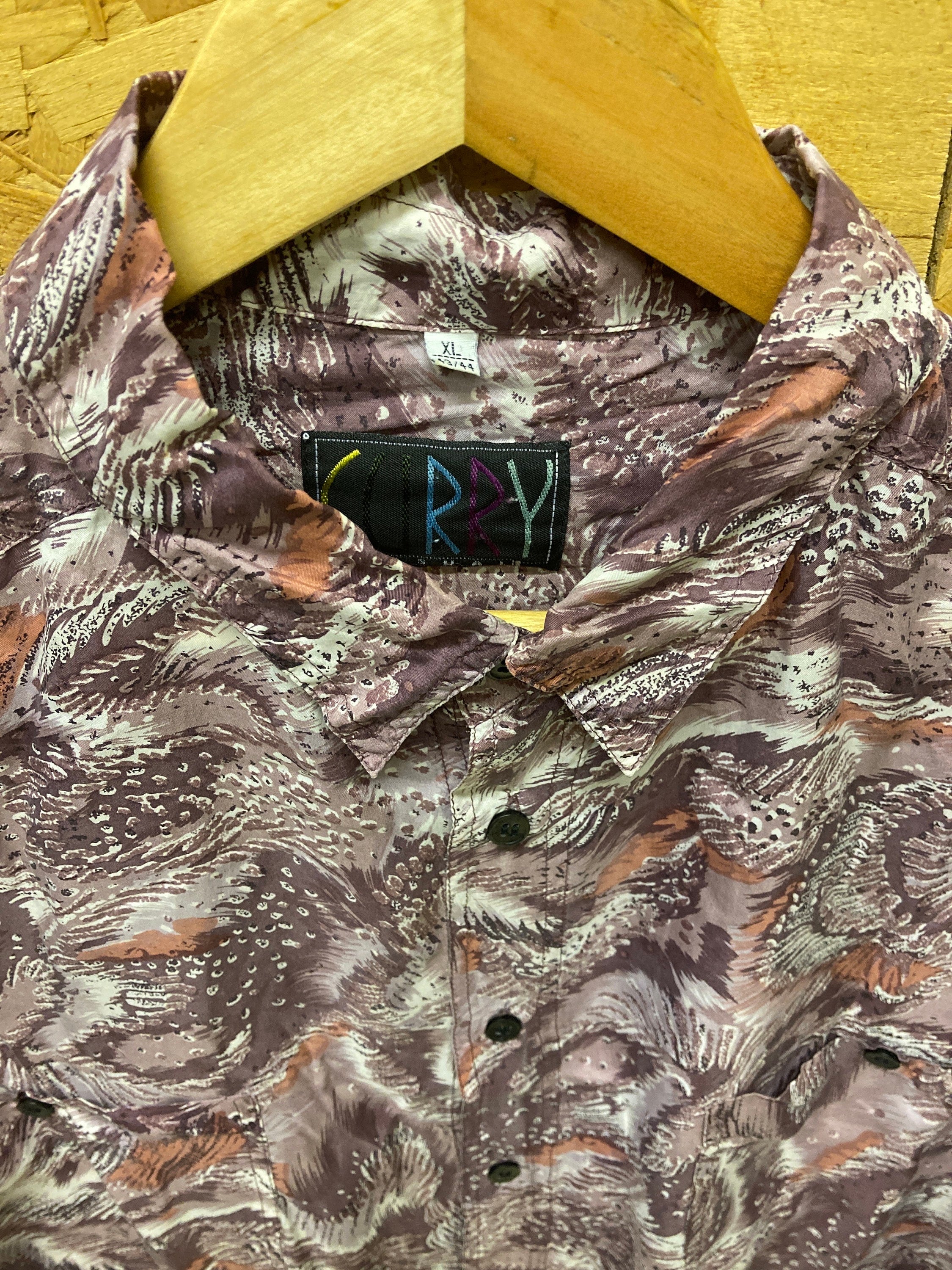 Vintage 80s floral leaves abstract pattern grey purple 100% silk long sleeve ugly party shirt size l