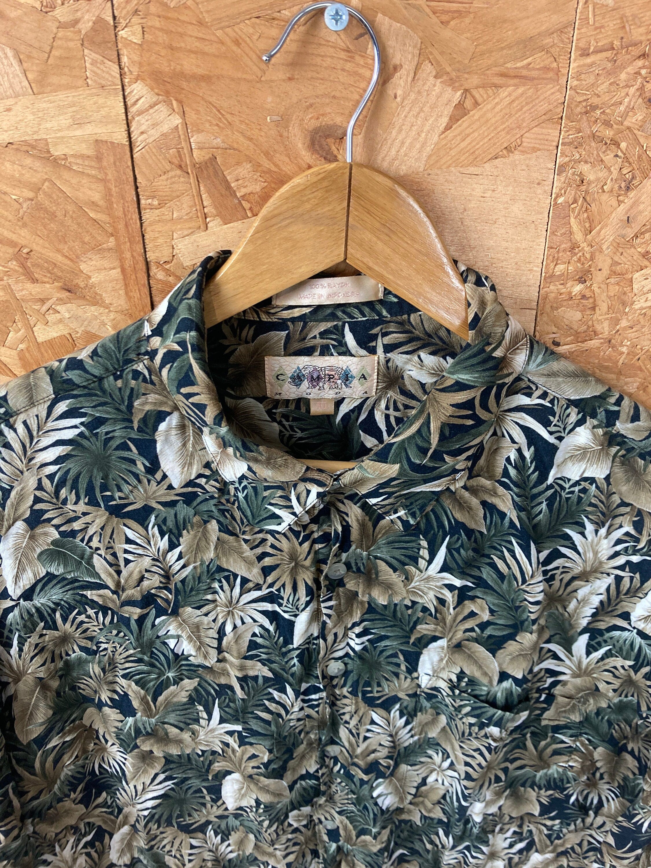 Vintage 90s green brown leaf pattern Hawaiian short sleeve ugly rayon shirt size XL