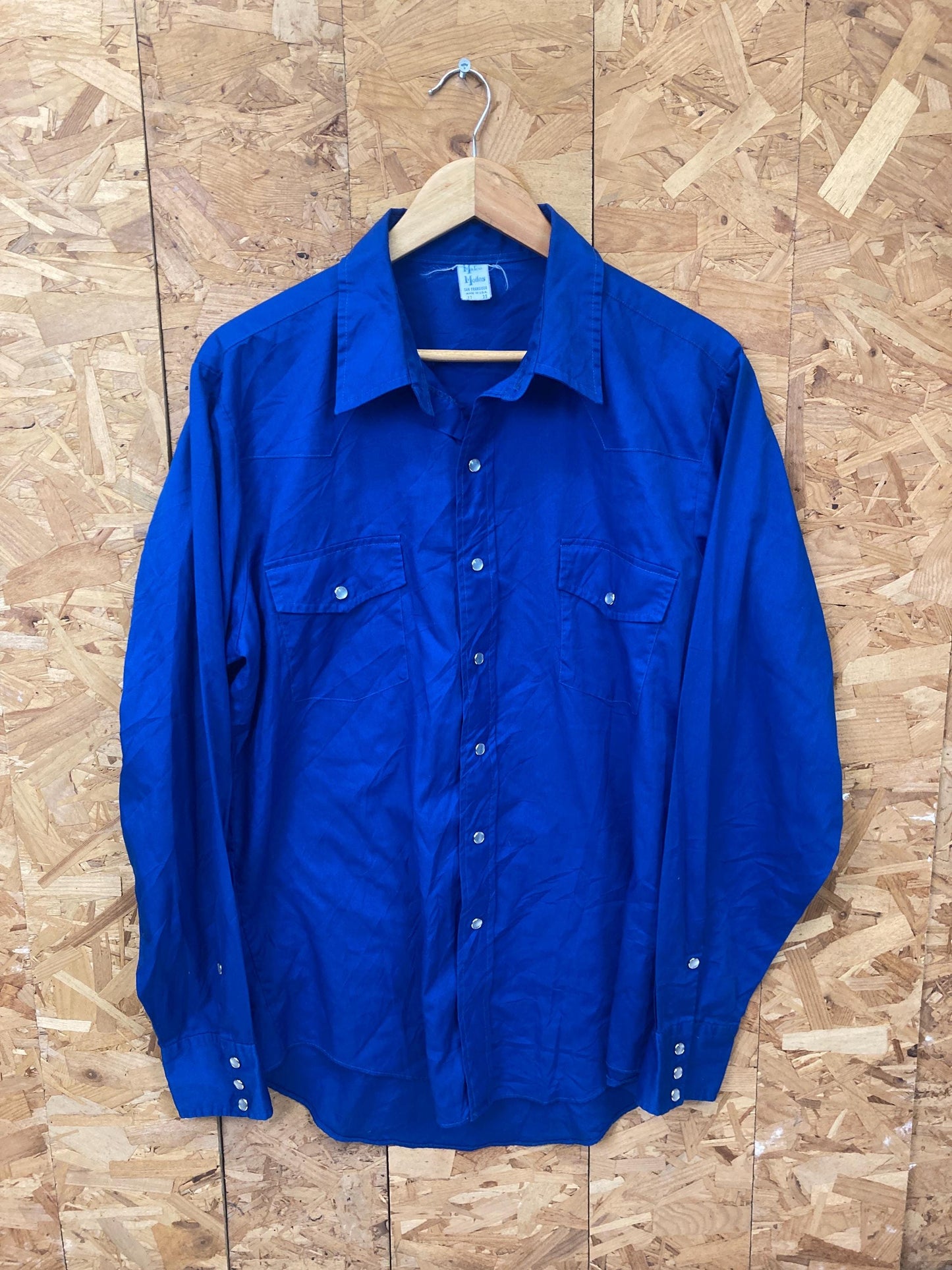 Vintage 70s blue cotton western cowboy rancher men’s shirt by Malco Modes of San Francisco size 17/3