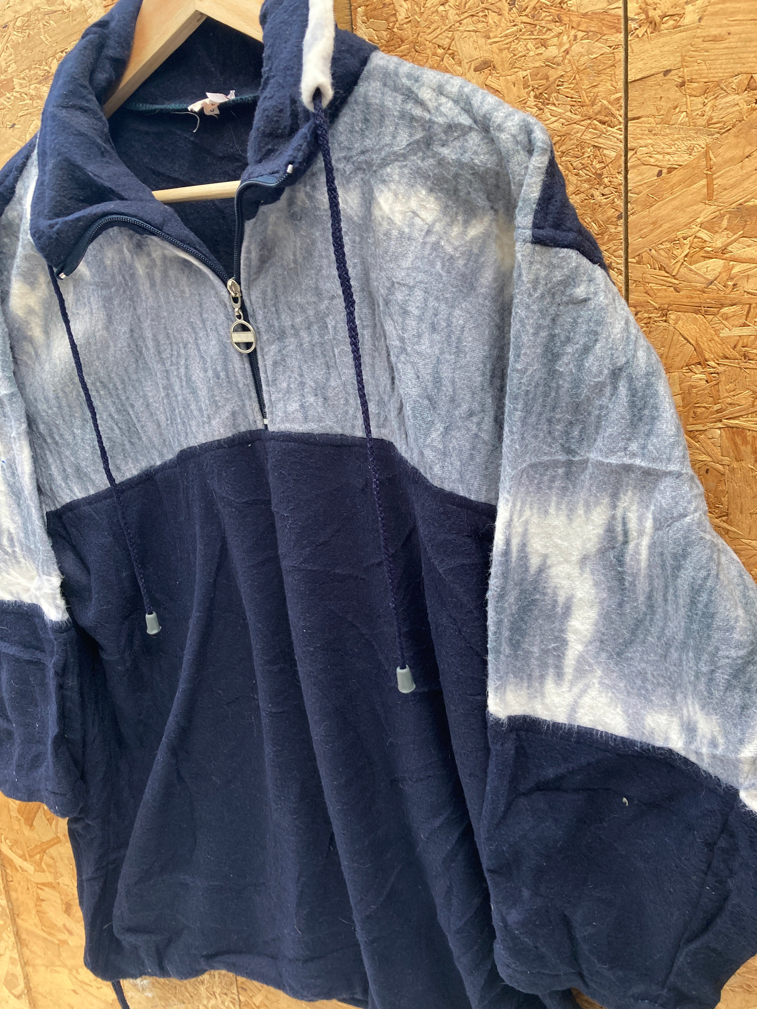 Vintage 80s navy blue grey abstract pattern 3/4 sleeve fleece quarter zip size L