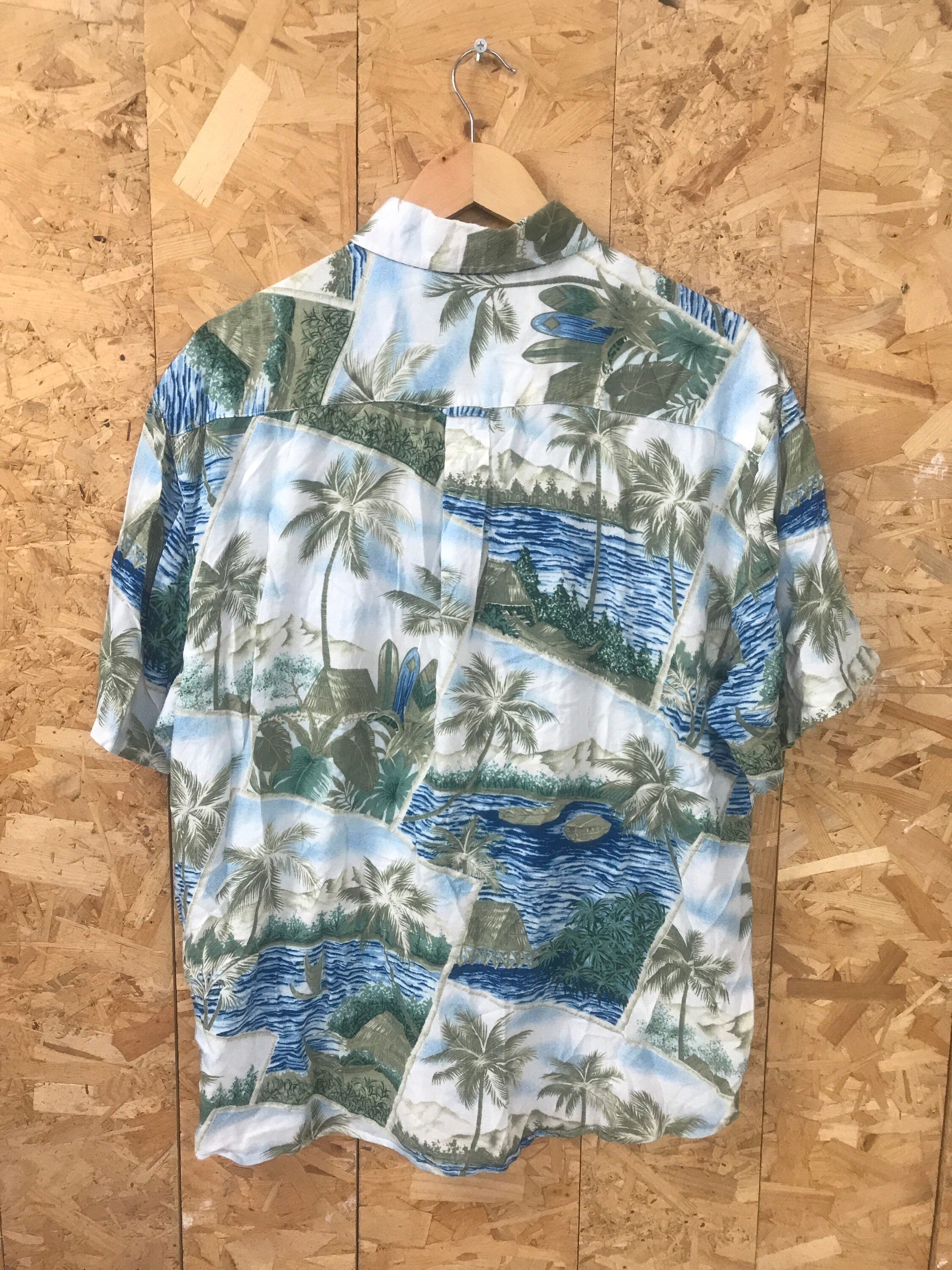 Vintage Y2K mens light green pale blue hibiscus palm trees print Hawaiian eccentric statement quirky