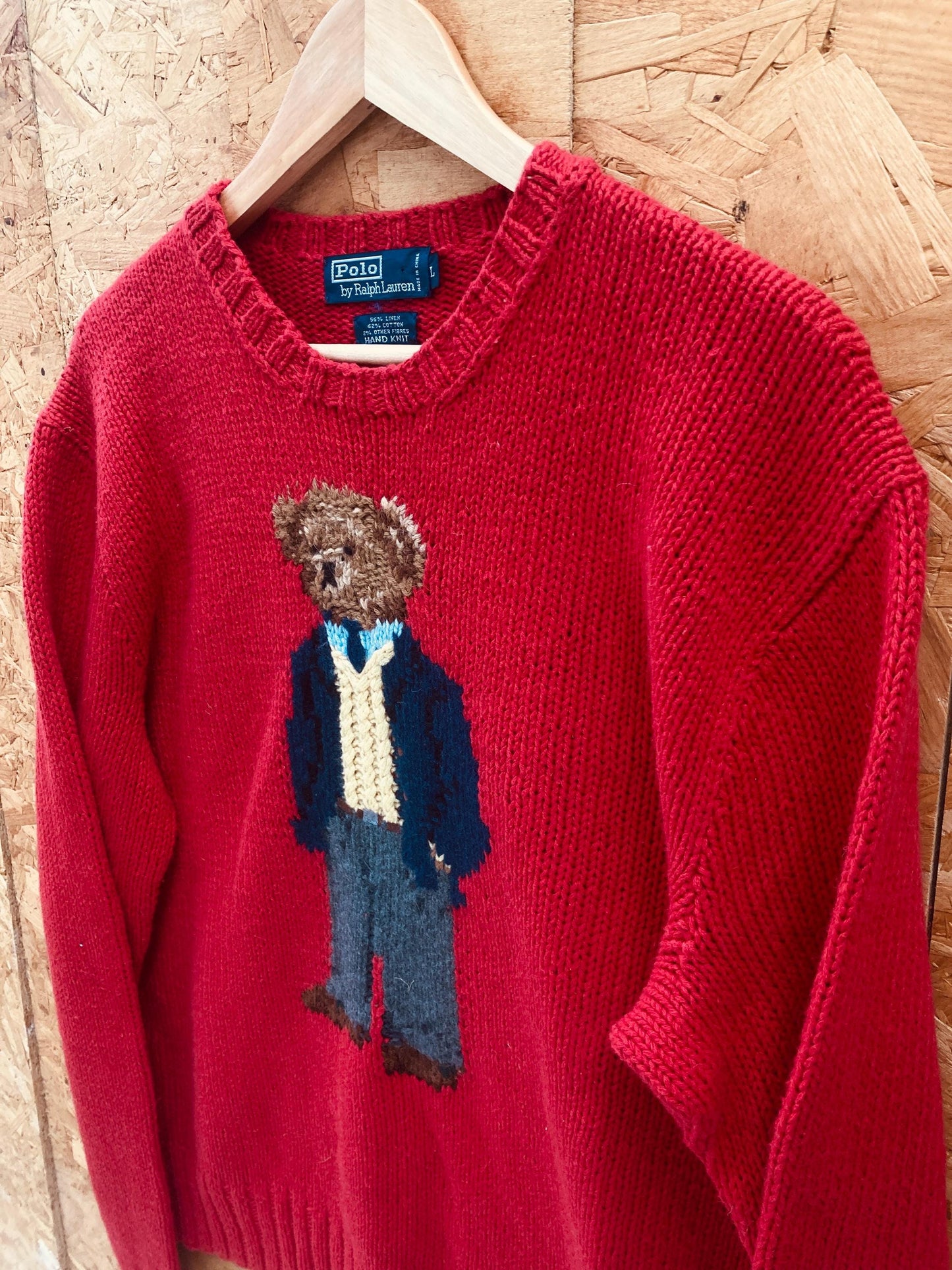 Vintage 2001 rare collectable Polo Ralph Lauren “Executive Bear” red hand-knit crew neck sweater jum