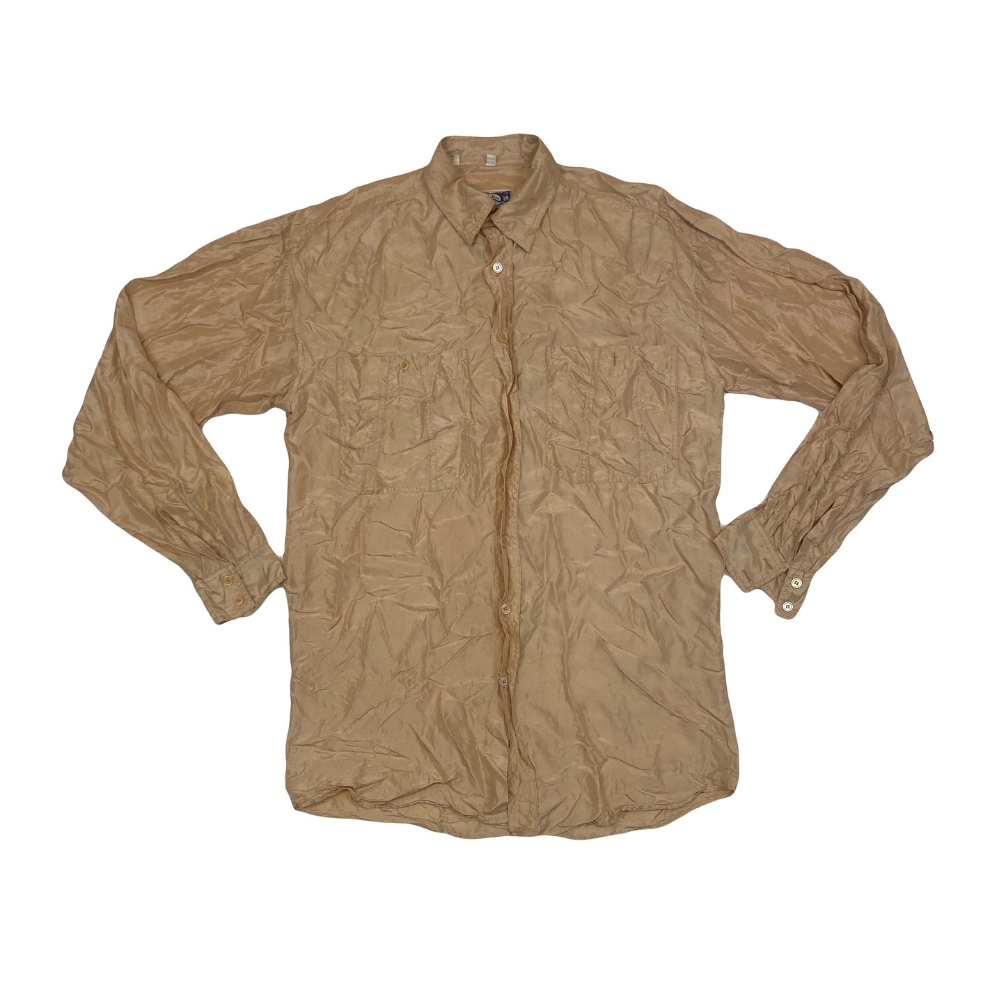 Vintage 90s 100% Silk coffee beige long sleeve twin pocket oversized shirt size small by monk Adam