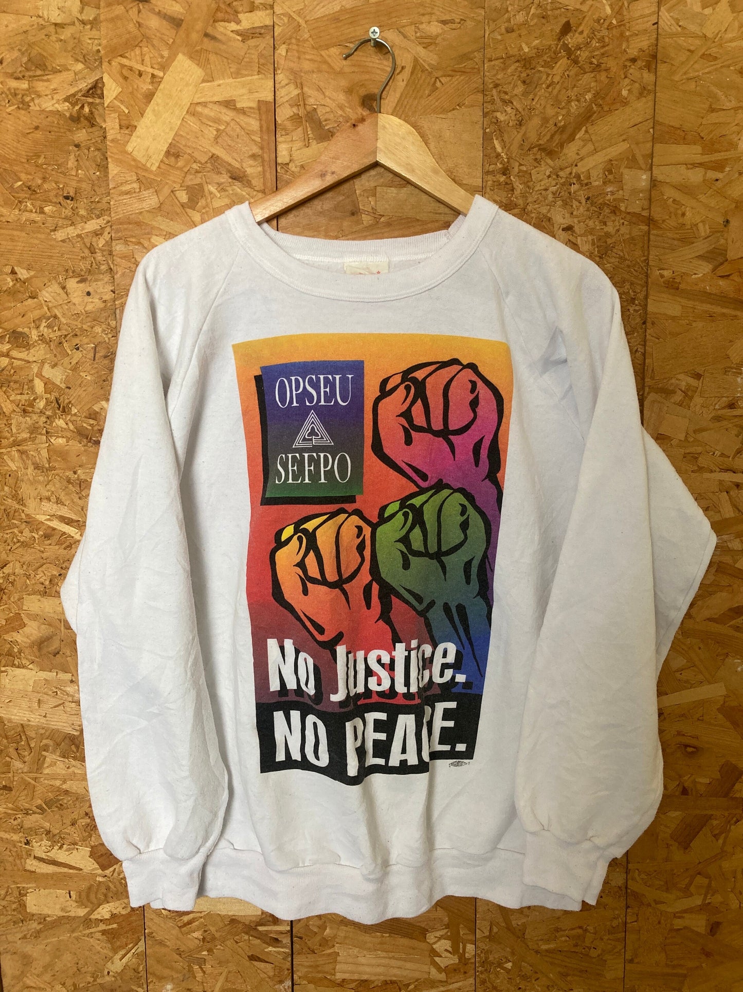 Vintage 96 Opseu ‘No justice No peace’ white crew neck sweater size extra large