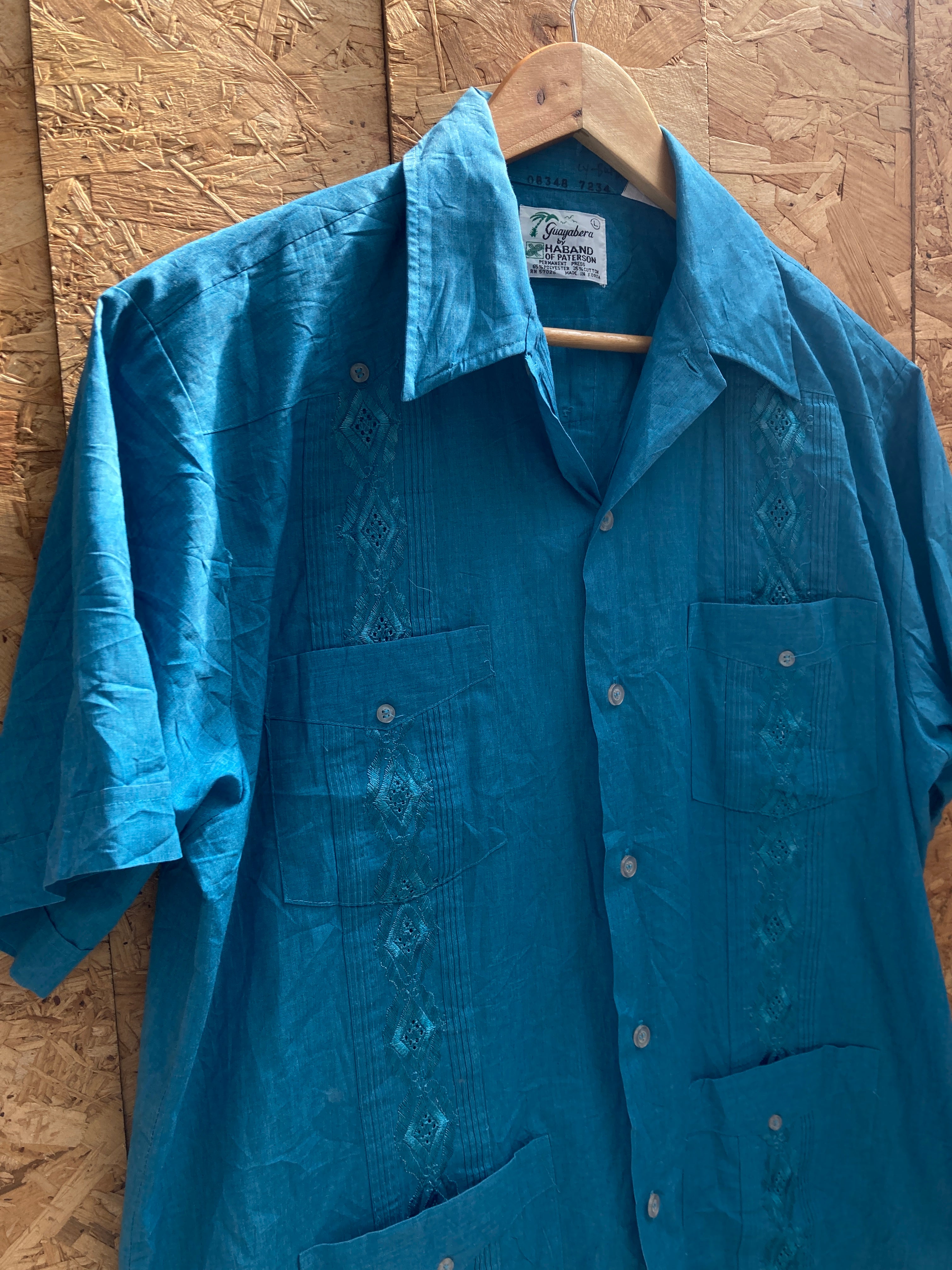 Vintage 90s turquoise Guayabera embroidered latino shirt size L by H.Patterson