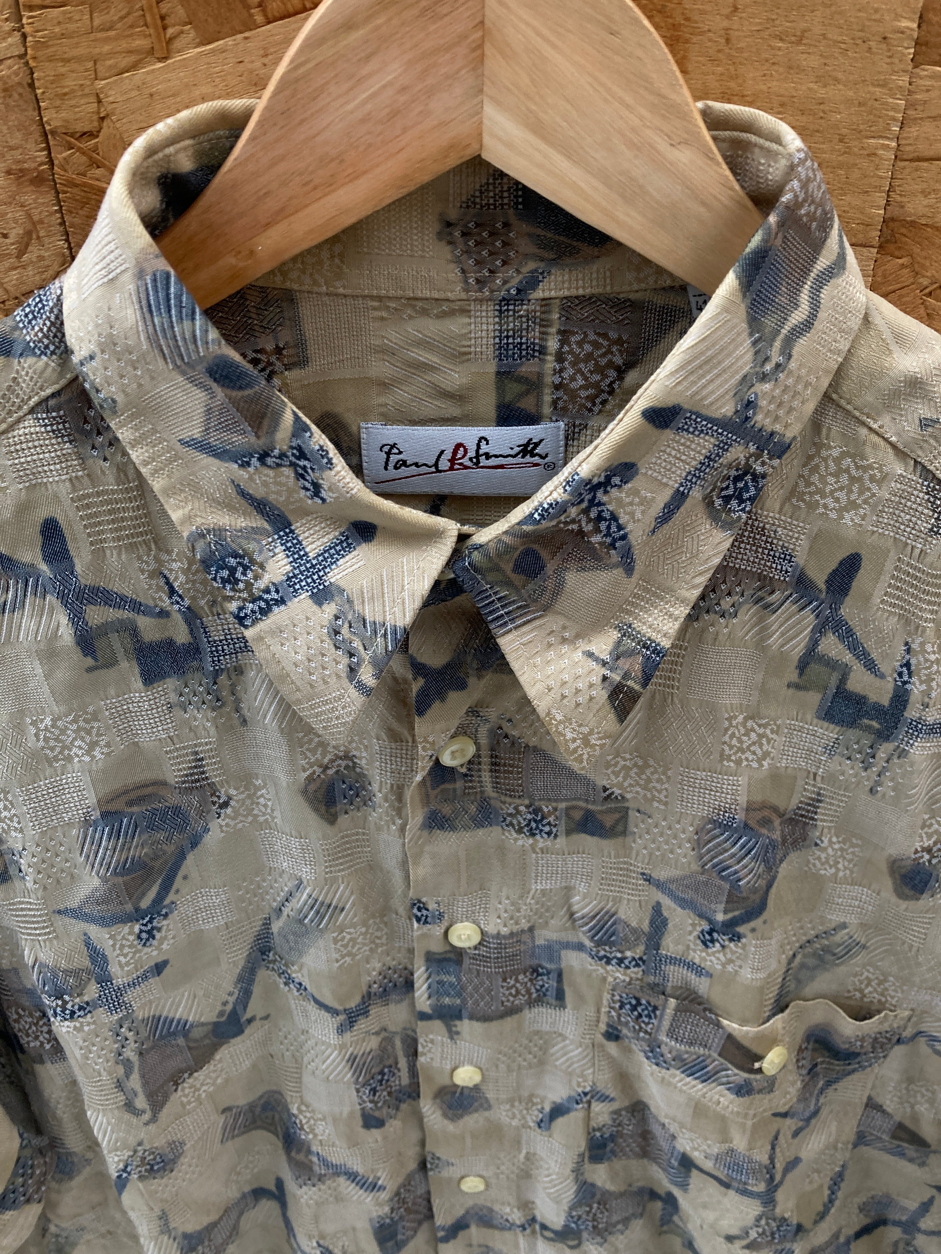 Vintage 90s Paul R Smith beige abstract pattern short sleeve shirt size large