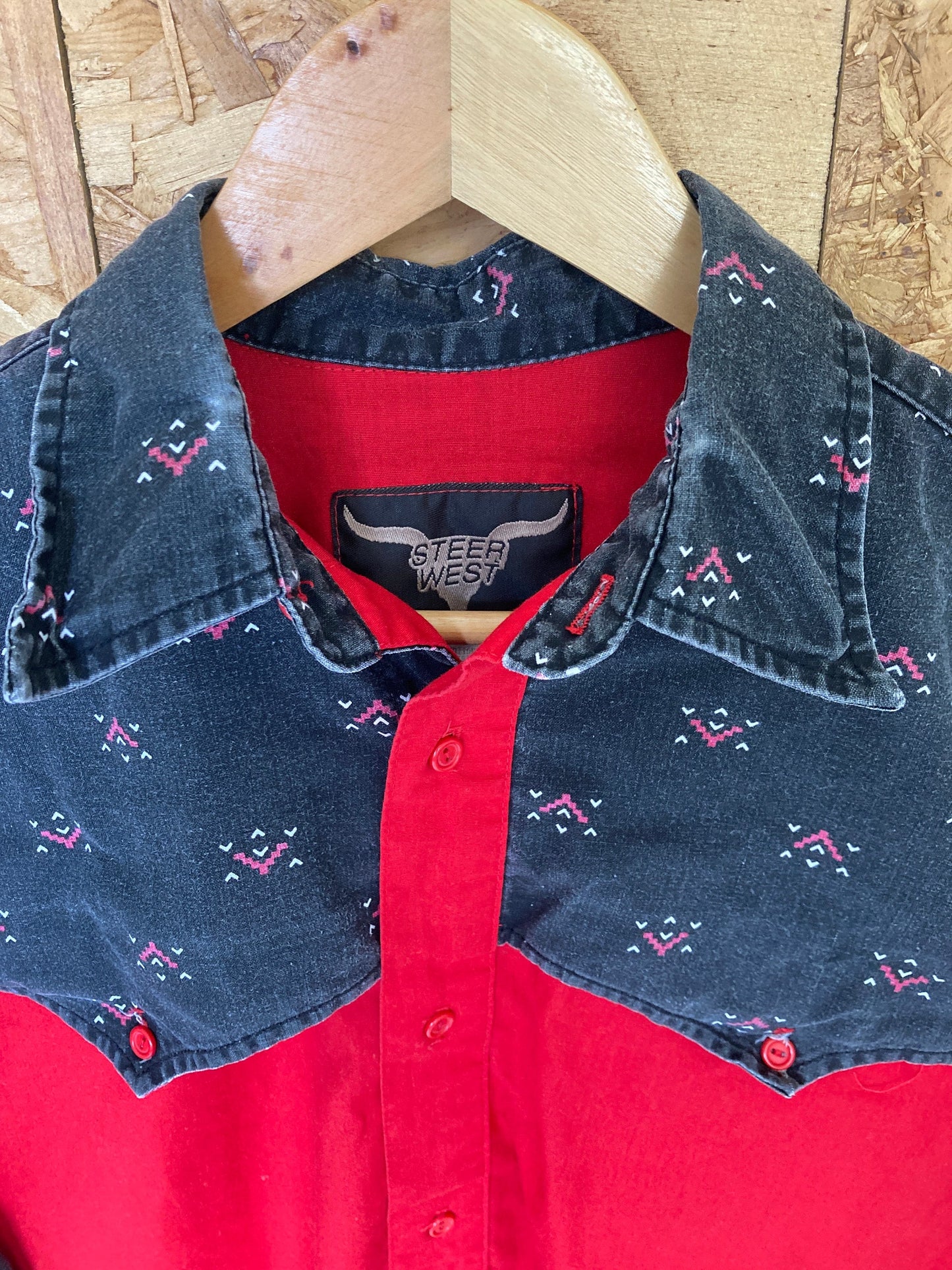 Vintage 80s USA block panel western cowboy shirt red black aztec pattern size medium by Steer West