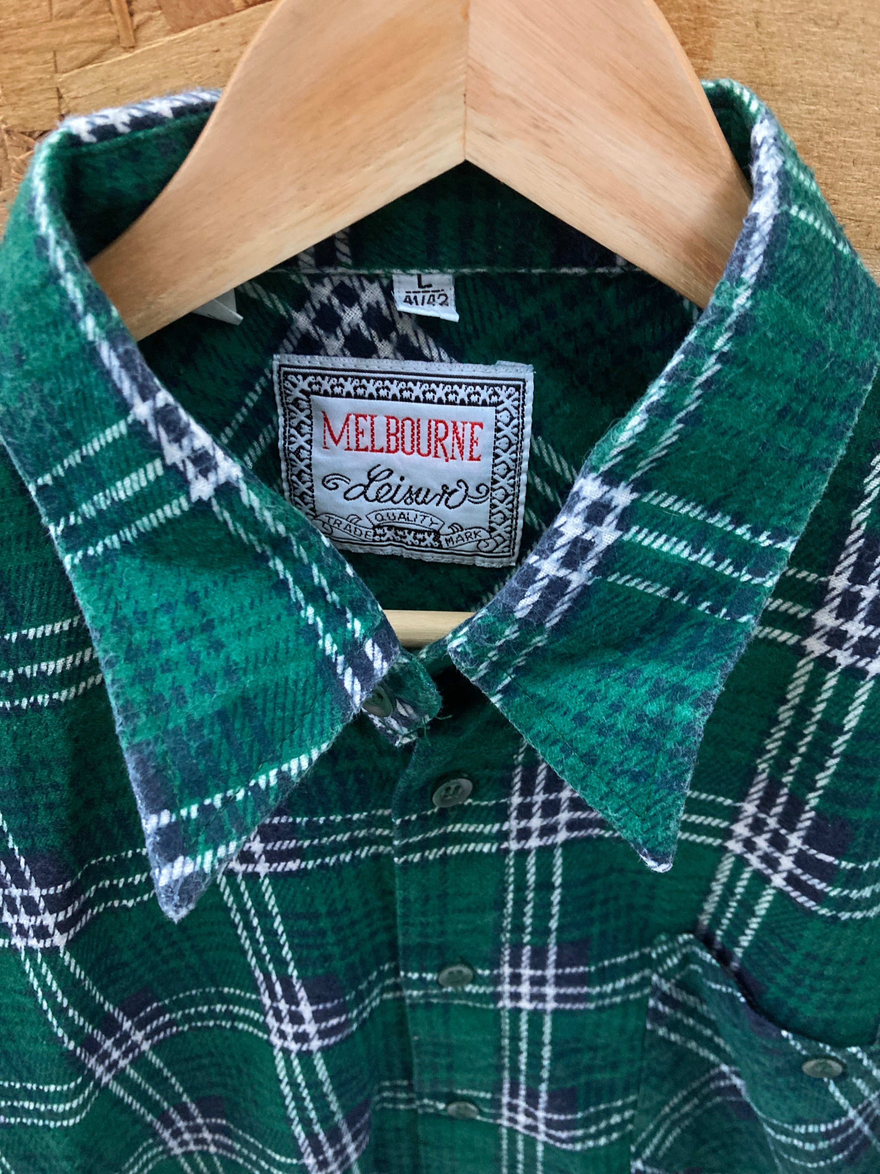 Vintage 80s green white felt cotton check shirt size large by Melbourne