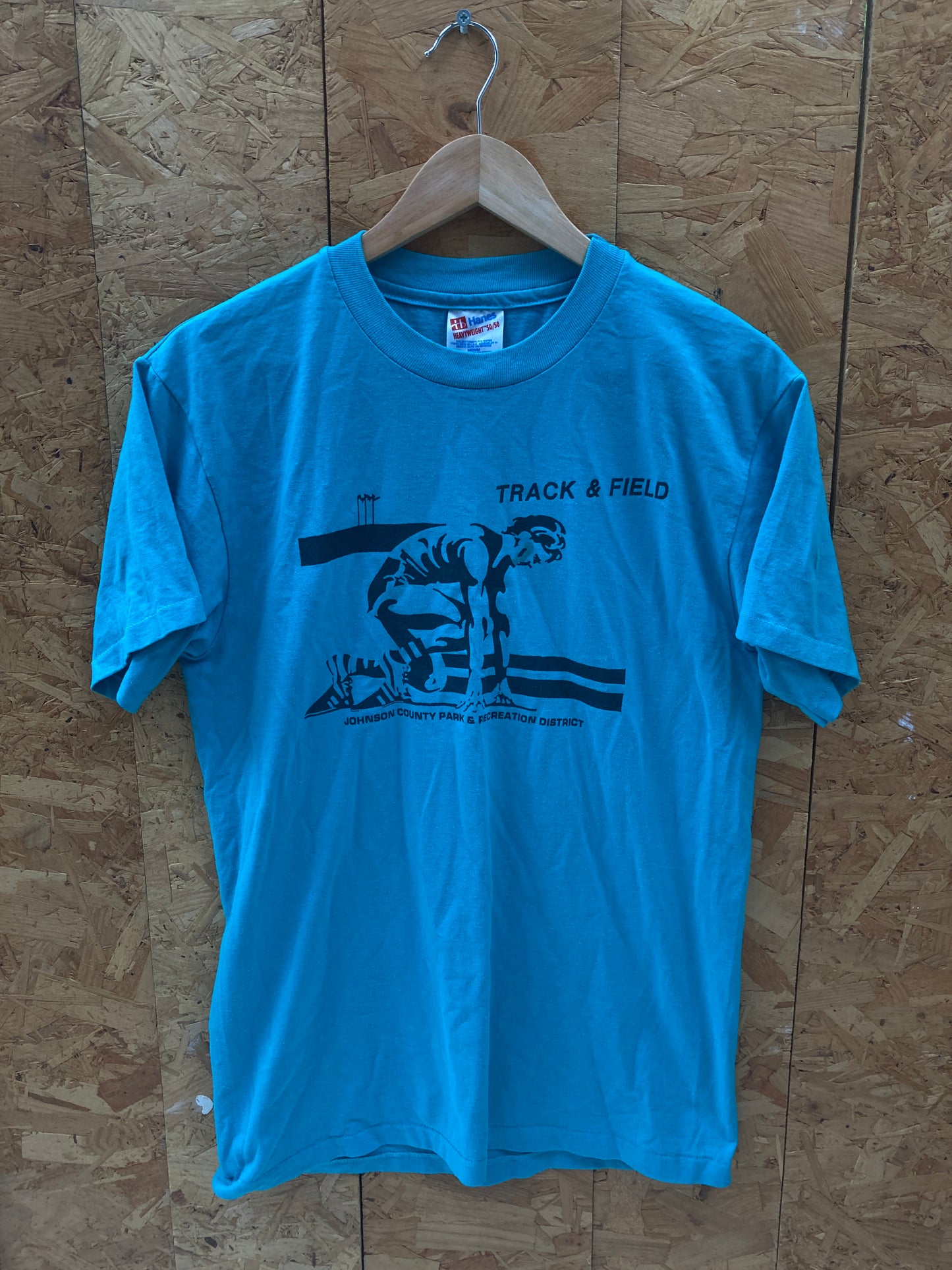 Vintage 90s Johnson County Track & Field turquoise single stitch t-shirt size M