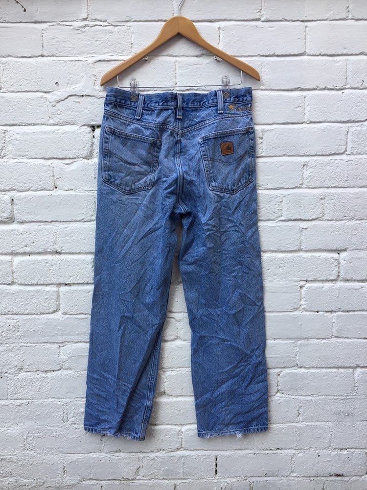 Carhartt Vintage mens 90s blue stone wash denim distressed work trousers size W34 L30