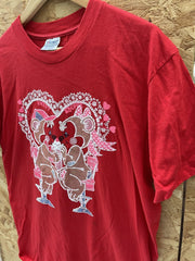 Vintage Hanes Single Stitch Red Graphic T-Shirt Size L "Sweet Date" Bears