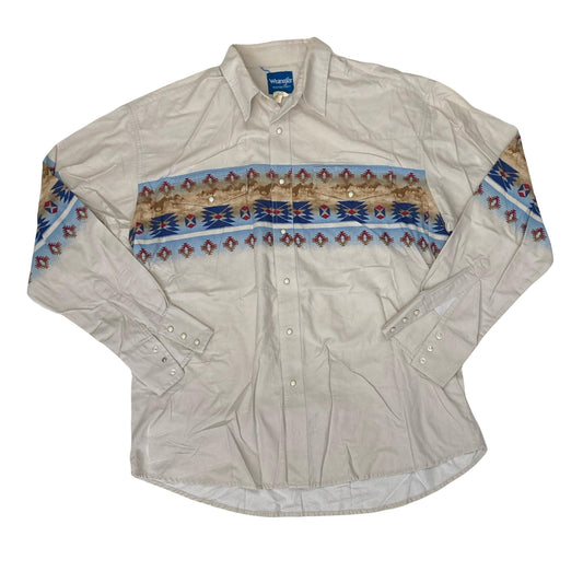 Vintage 90s Wrangler light beige aztec band pattern & horses western cowboy cowgirl rodeo ranch wear