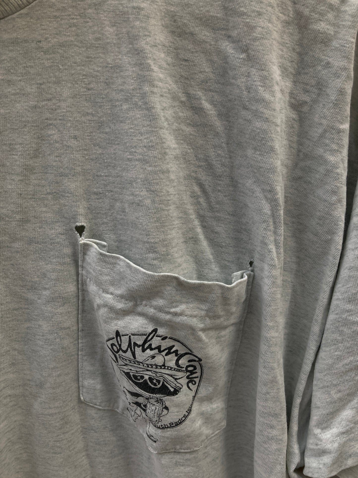 Vintage 90s Dolphin Cove Oyster Bar single stitch grey pocket t-shirt size XXL