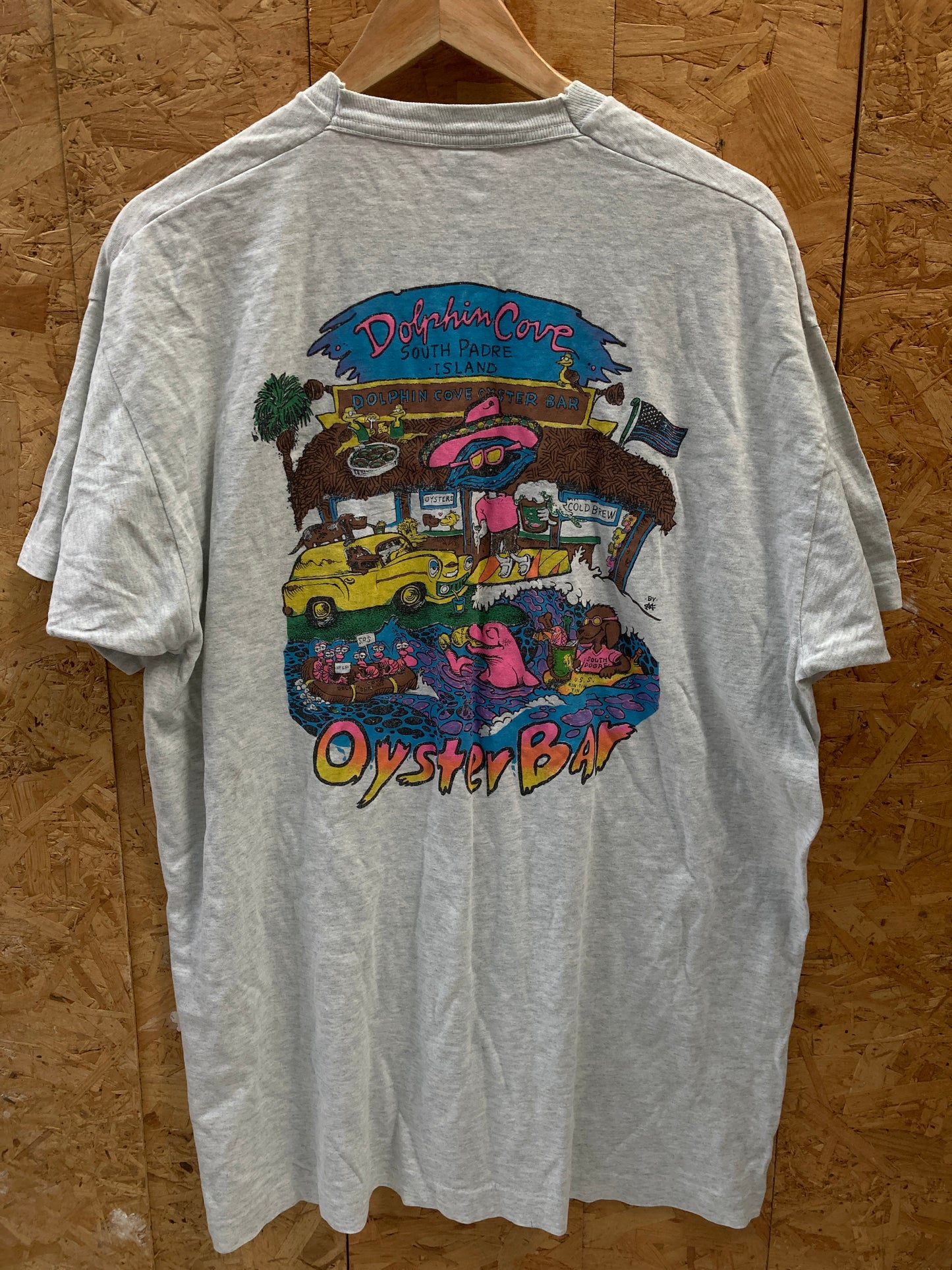 Vintage 90s Dolphin Cove Oyster Bar single stitch grey pocket t-shirt size XXL