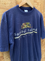 Vintage 90s Sanibel Island Florida USA souvenir navy blue grey stripe single stitch t shirt size lar