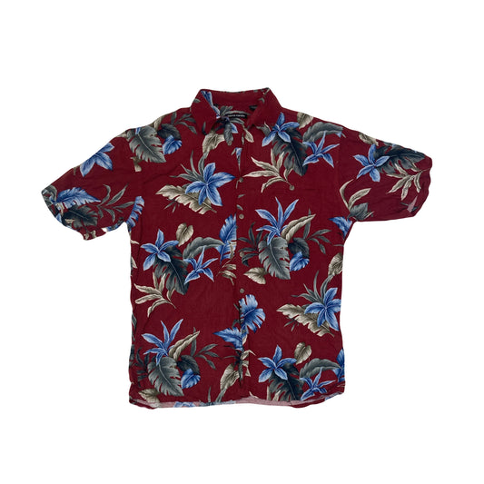 Vintage 90s men’s unisex burgundy Pierre Cardan Rayon Floral Hawaiian beach scene surf Shirt size me