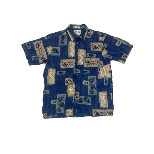 Vintage 90s Blue beige abstract shapes ugly short sleeve hawaiian shirt size medium by M.E