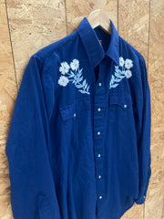 Vintage 90s blue embroidered flowers western cowboy ranch shirt size small