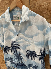 Vintage KY'S Made in Hawaii Men's Medium Blue White Palm Tree Hawaiian Shirt