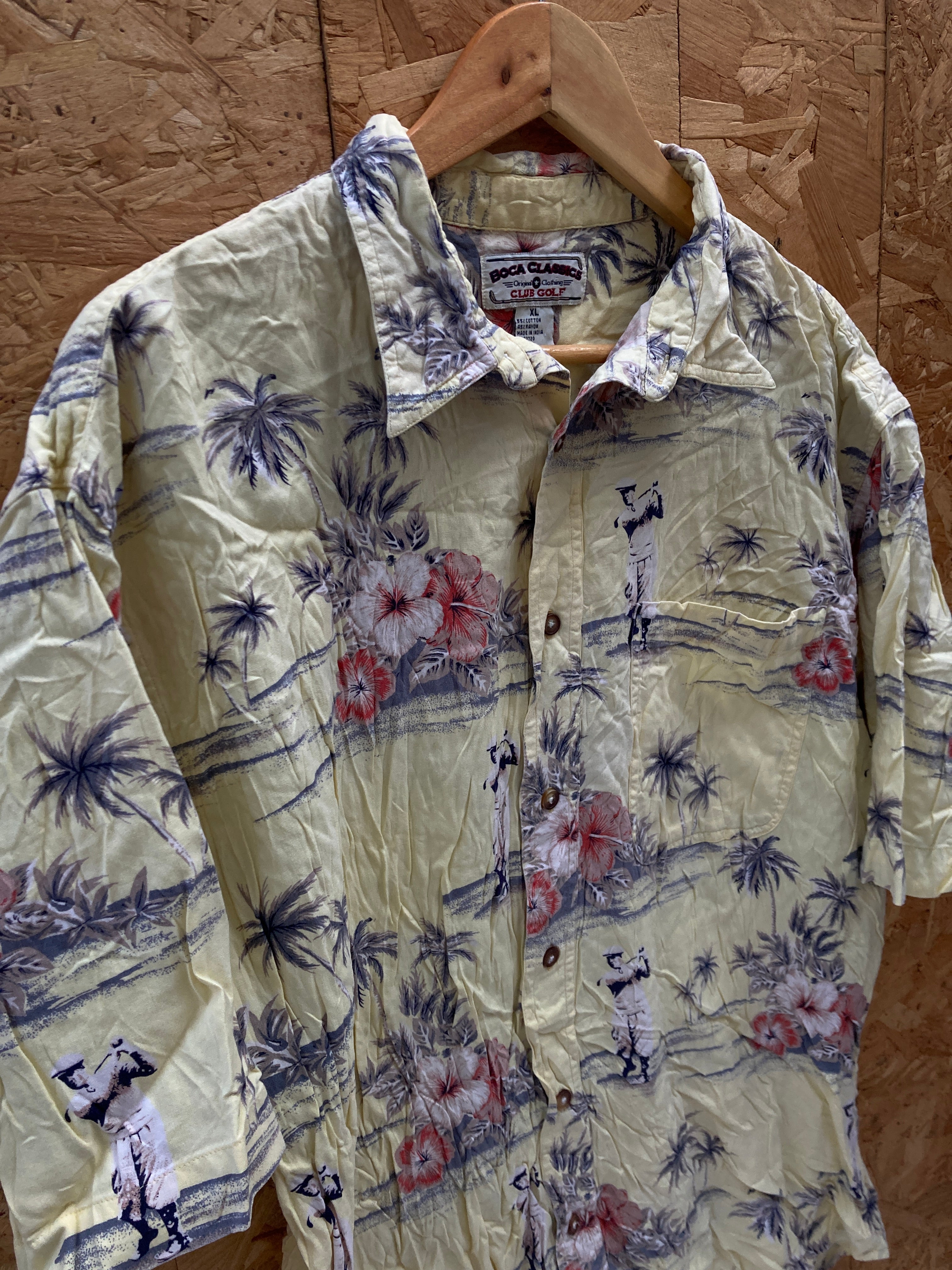 Vintage 90s rayon cotton pastel yellow golf player floral Hawaiian shirt size XL