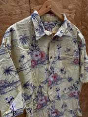 Vintage 90s rayon cotton pastel yellow golf player floral Hawaiian shirt size XL