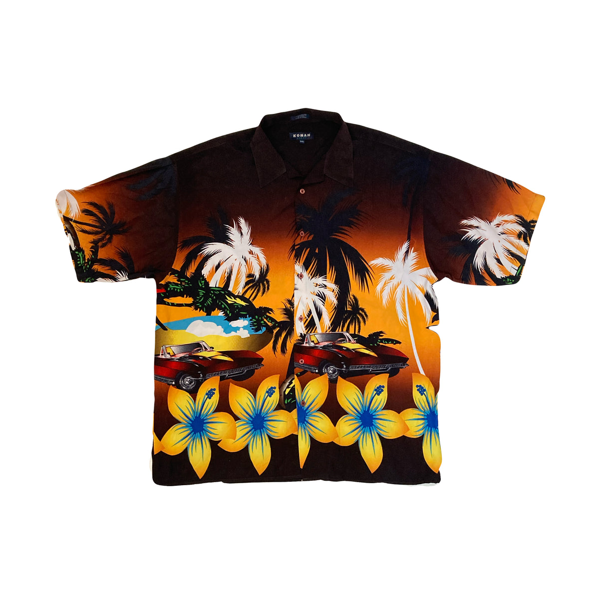 Vintage 90s sunset beach scene polyester Hawaiian shirt size XXL by Koman