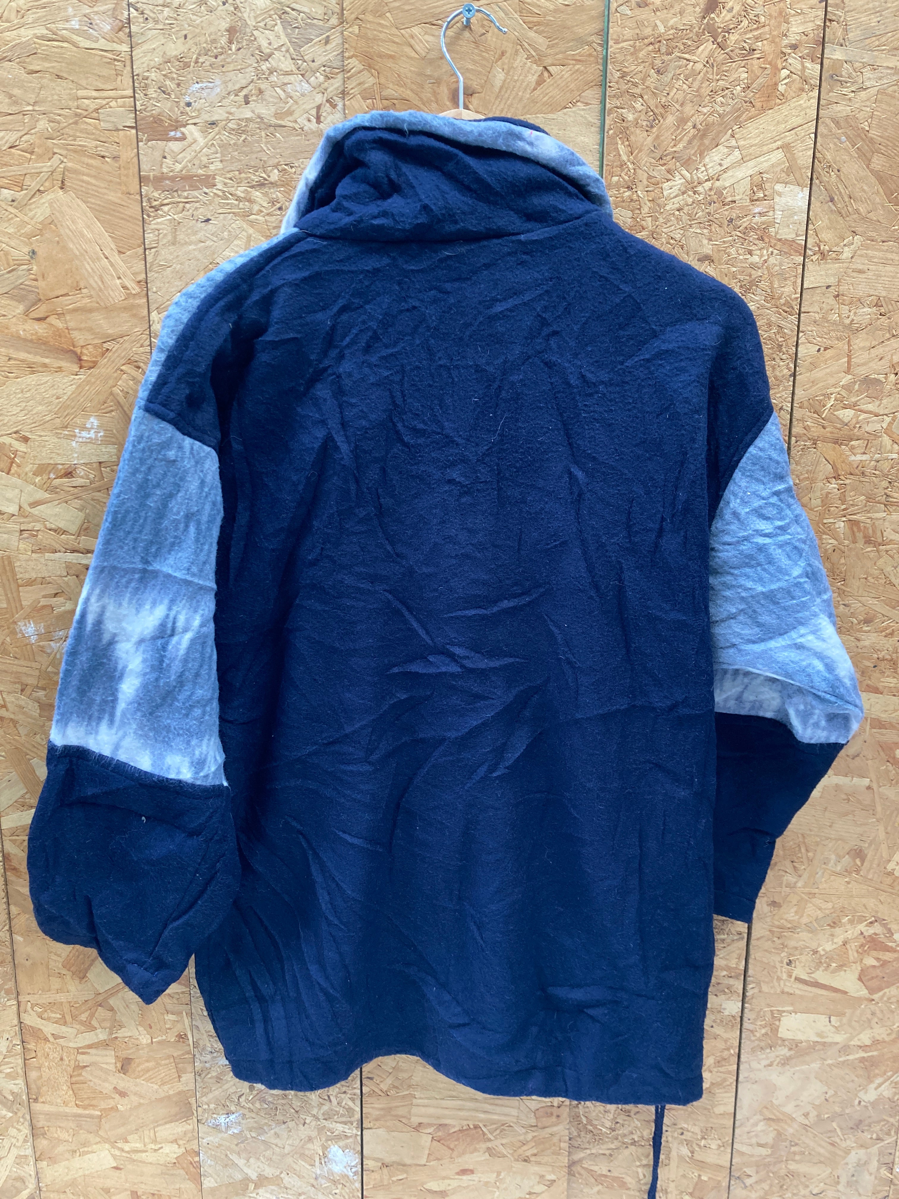 Vintage 80s navy blue grey abstract pattern 3/4 sleeve fleece quarter zip size L