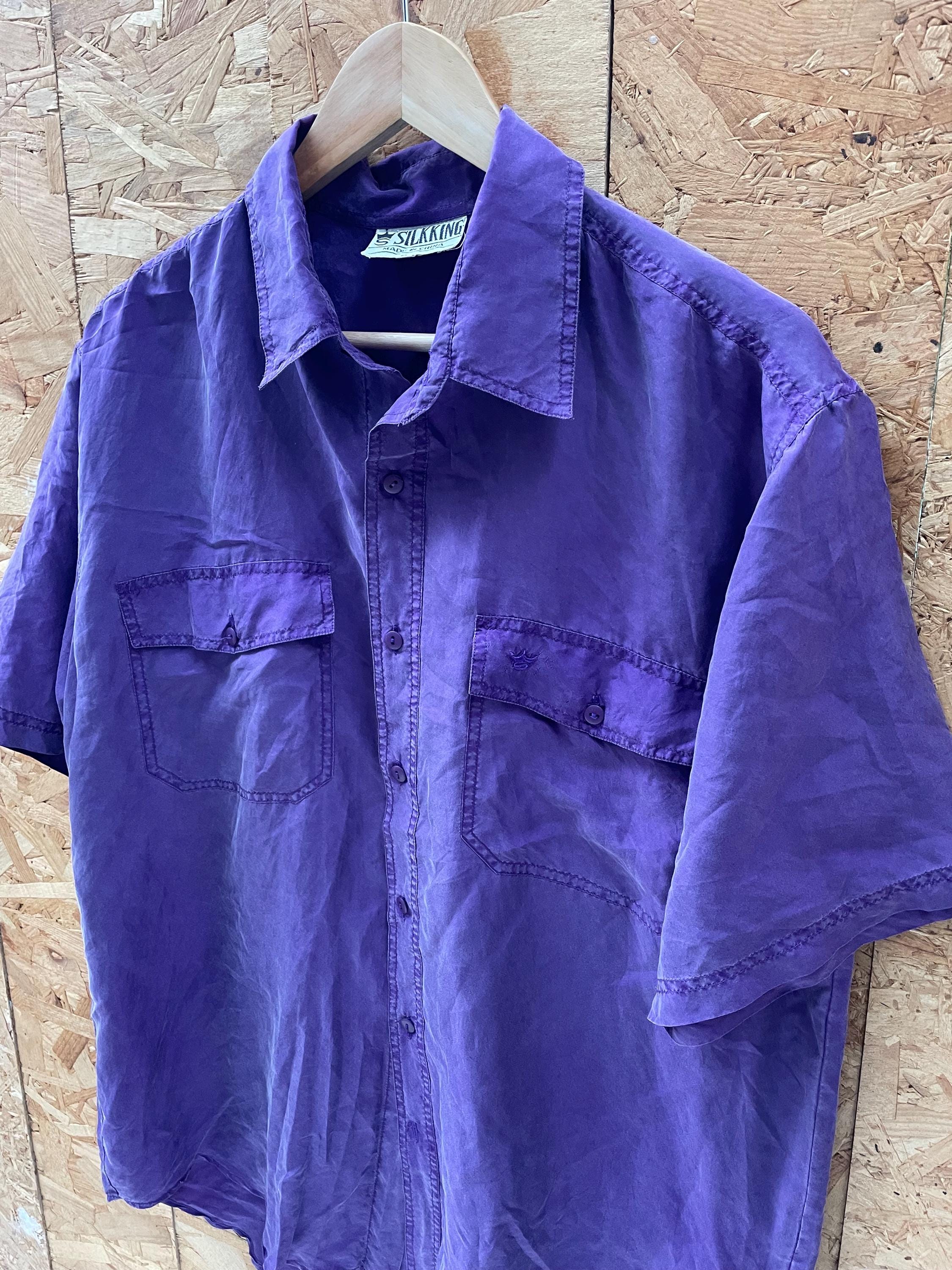 Vintage 90s purple pure silk twin pocket short sleeve oversized mens shirt size large by SilkKing