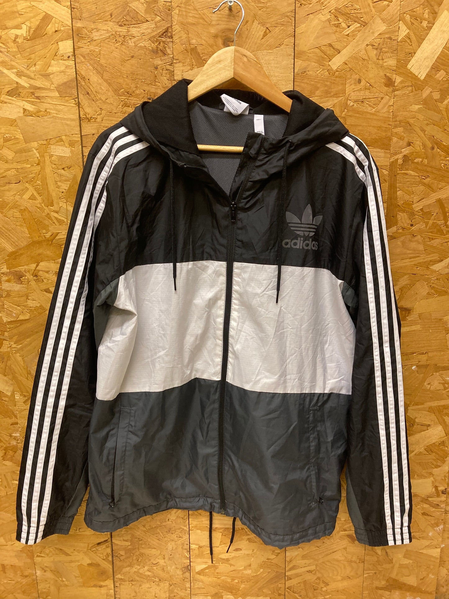 Vintage Y2K Adidas black grey white with 3 stripes windbreaker waterproof mesh inner hooded jacket s