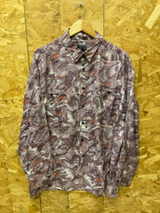 Vintage 80s floral leaves abstract pattern grey purple 100% silk long sleeve ugly party shirt size l