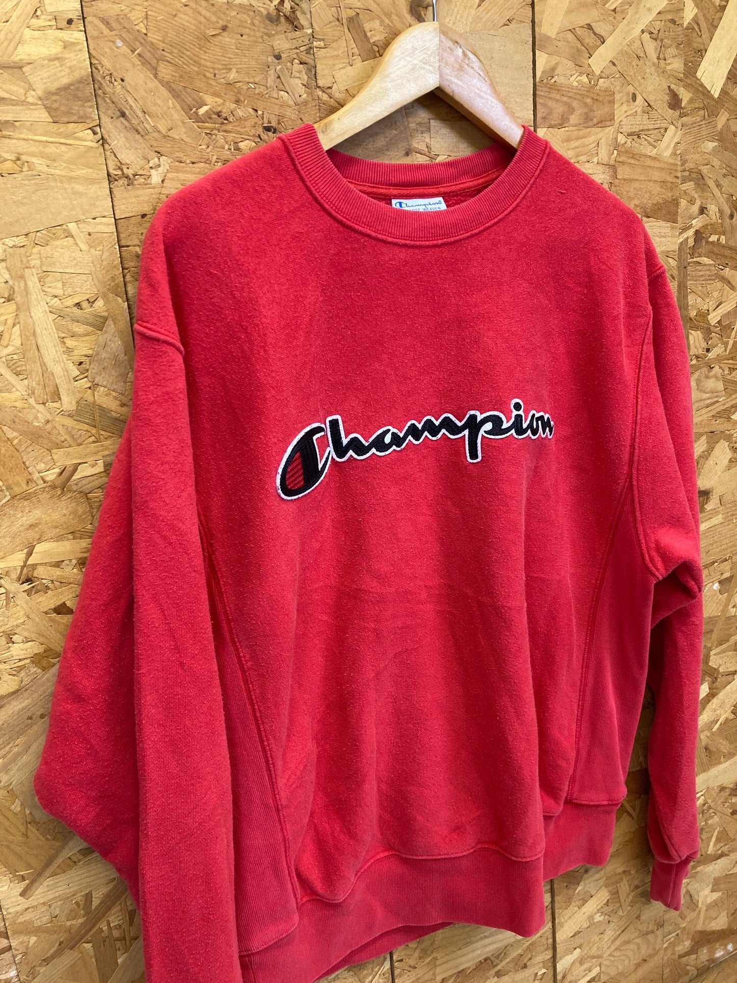 Vintage 90s Champion USA reverse weave heavyweight red & black spell out embroidered sweater size me