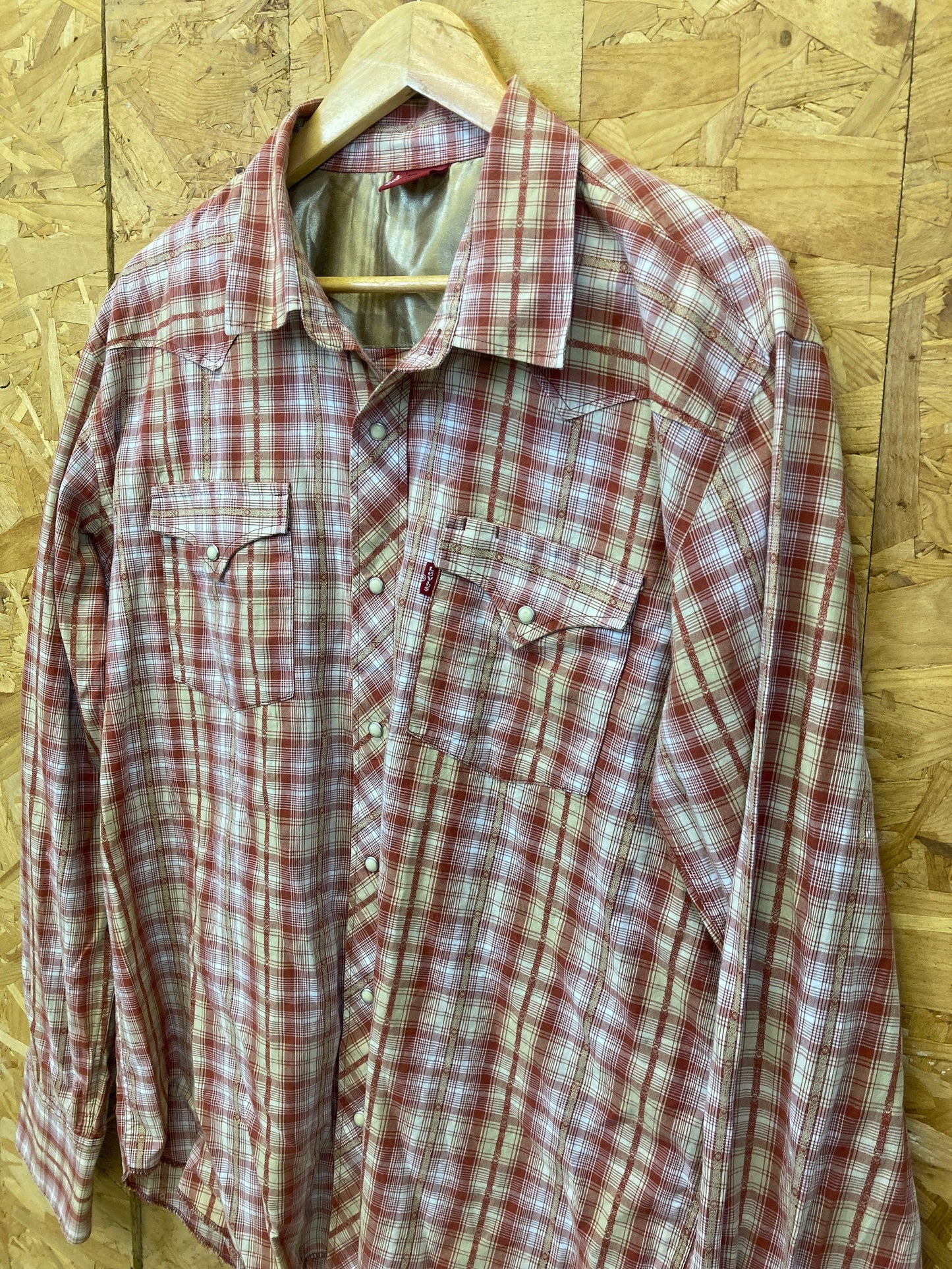 Vintage 90s Levis Red Tab red gold brown cotton check plaid western cowboy rancher dress shirt size