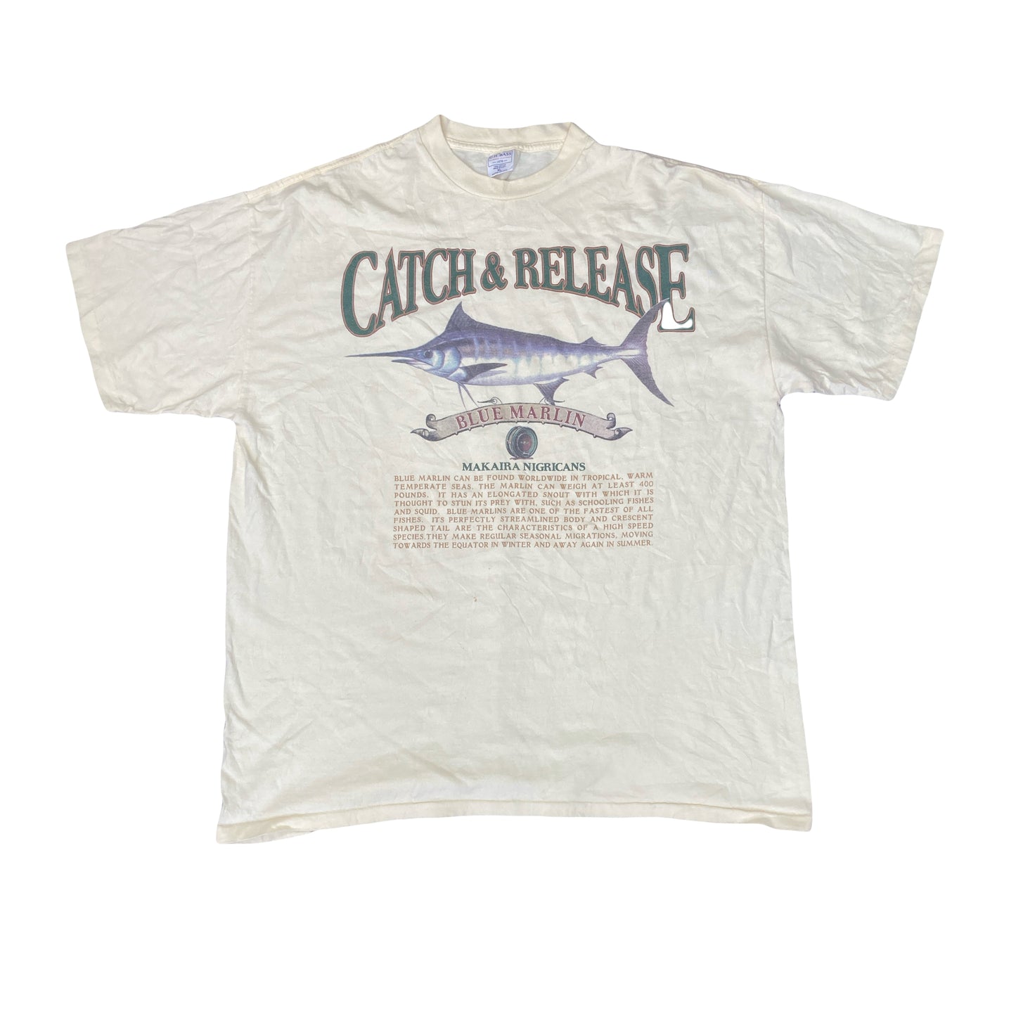 Vintage 90s Catch & Release Blue Marlin souvenir single stitch t-shirt size XL