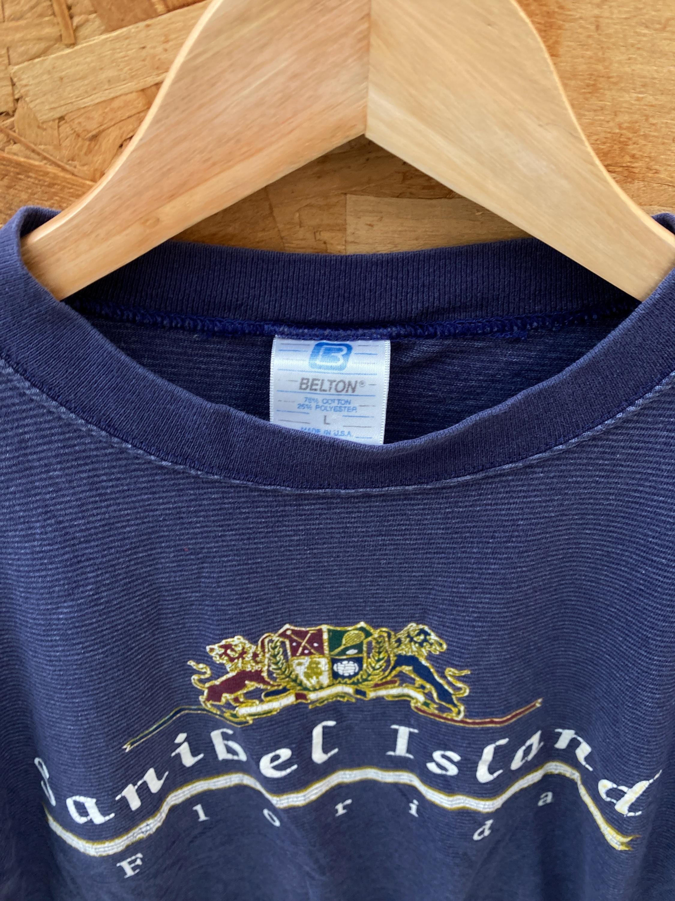 Vintage 90s Sanibel Island Florida USA souvenir navy blue grey stripe single stitch t shirt size lar