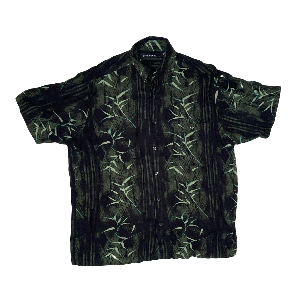 Vintage 90s viscose black green bamboo pattern Hawaiian shirt size medium