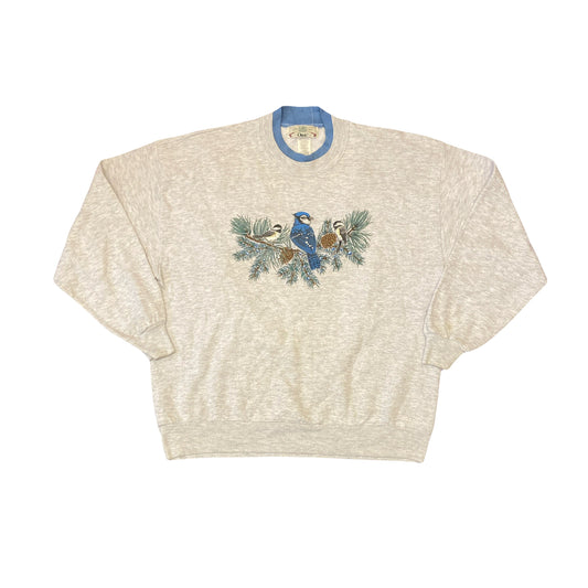 Vintage 90s light grey blue jay birds nature print crew neck sweater size XL by Orvis