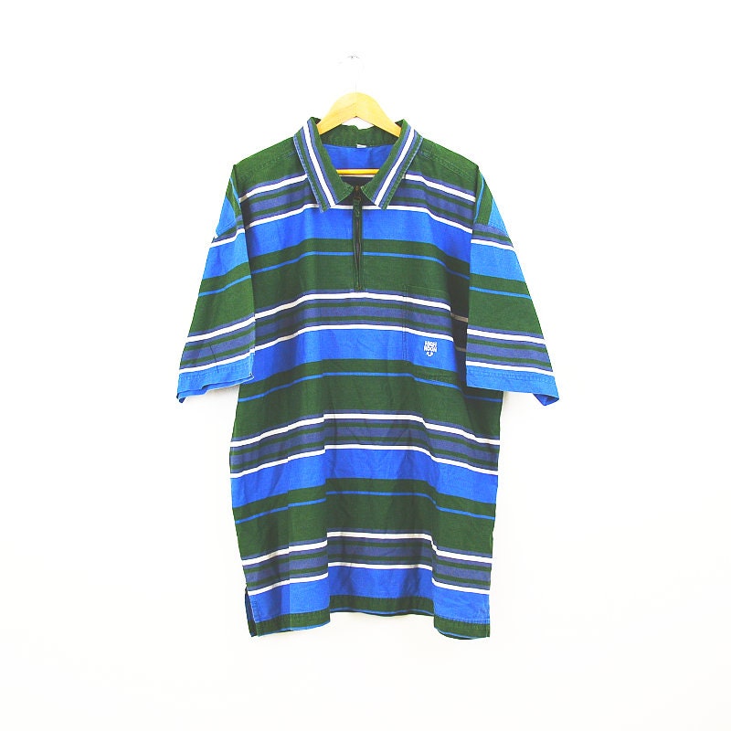 Vintage Y2K green blue striped quarter zip polo shirt size XXL by High Noon