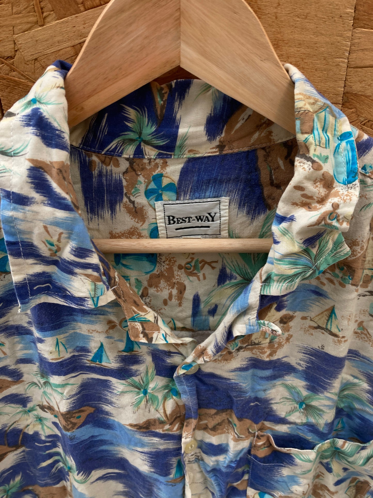 Vintage 90s biege blue beach palm tree pattern short sleeve Hawaiian shirt  XL