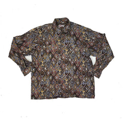 Vintage 90s grey brown yellow abstract Aztec pattern long sleeve viscose shirt size large by Tela Mo
