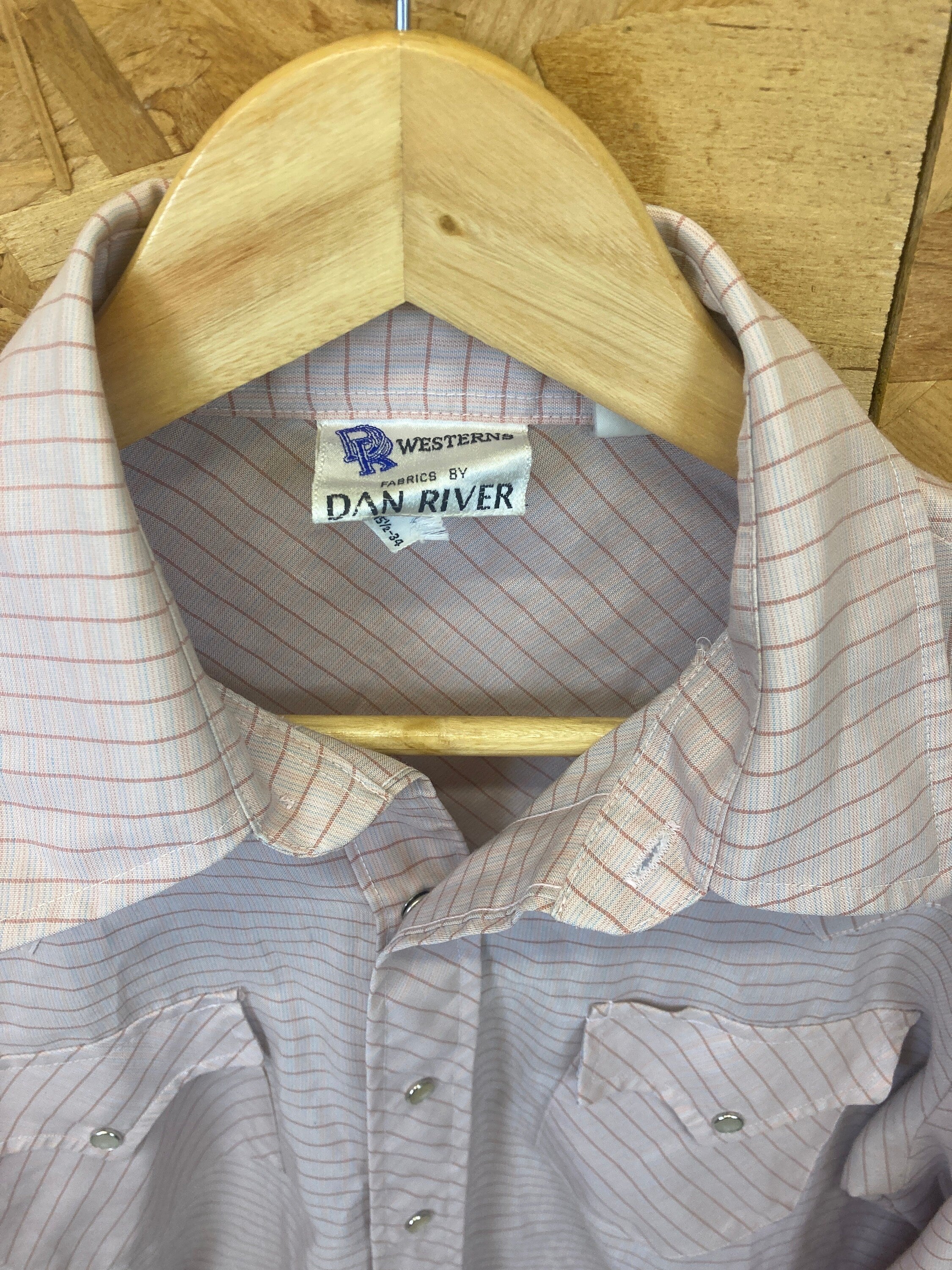 Vintage 80s light coral salmon grey pinstripe western cowboy shirt size 15.5” 34” medium by Dan Rive