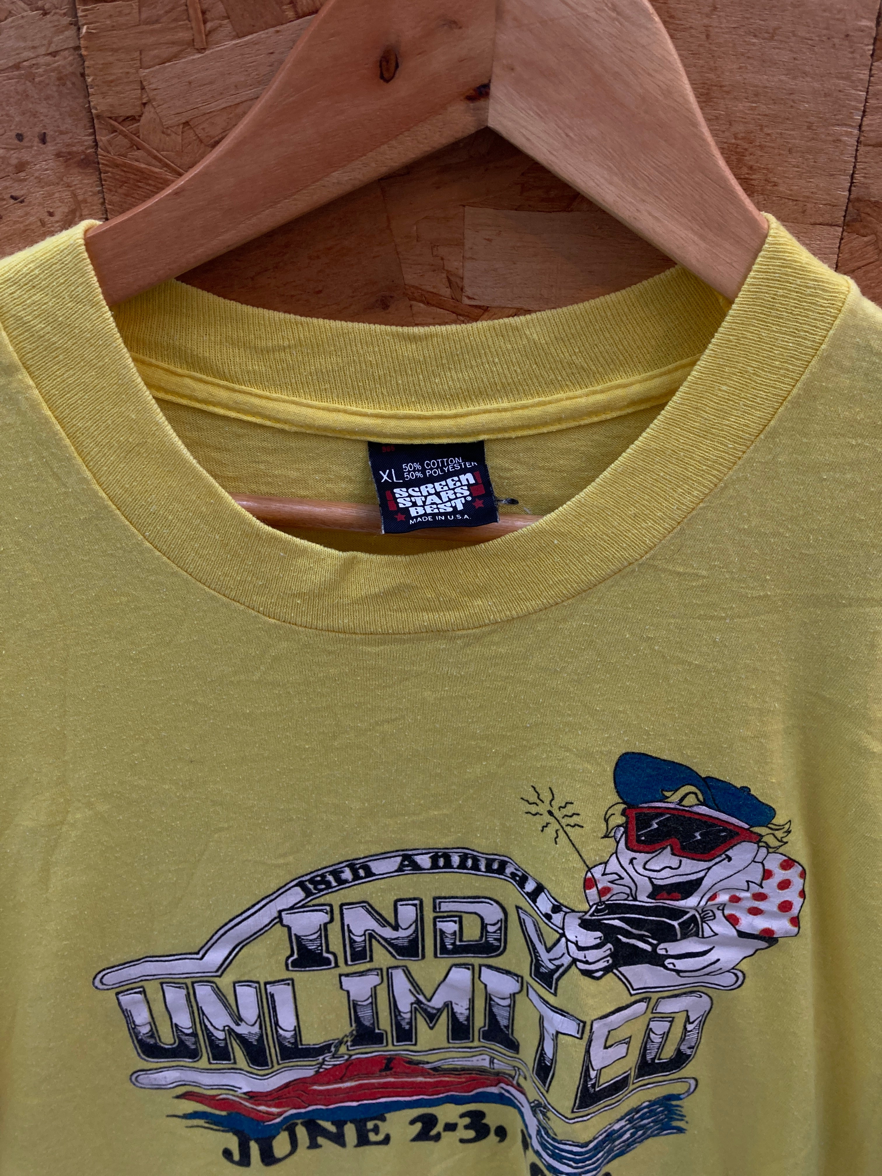 Vintage 90s yellow Indy Unlimited souvenir single stitch t-shirt size XL by BEST