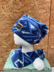 Vintage Next Blue Geometric Crazy Fleece Ski Winter Sport Hat with Pom Pom