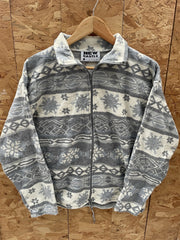 Vintage Nordic Crazy Fleece Jacket M Gray White Snowflake Pattern Zip Up Retro