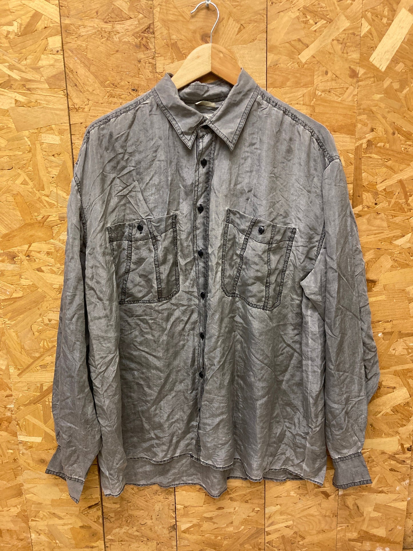 Vintage 90s 100% pure silk grey faded satin long sleeve shirt size large oversized fit